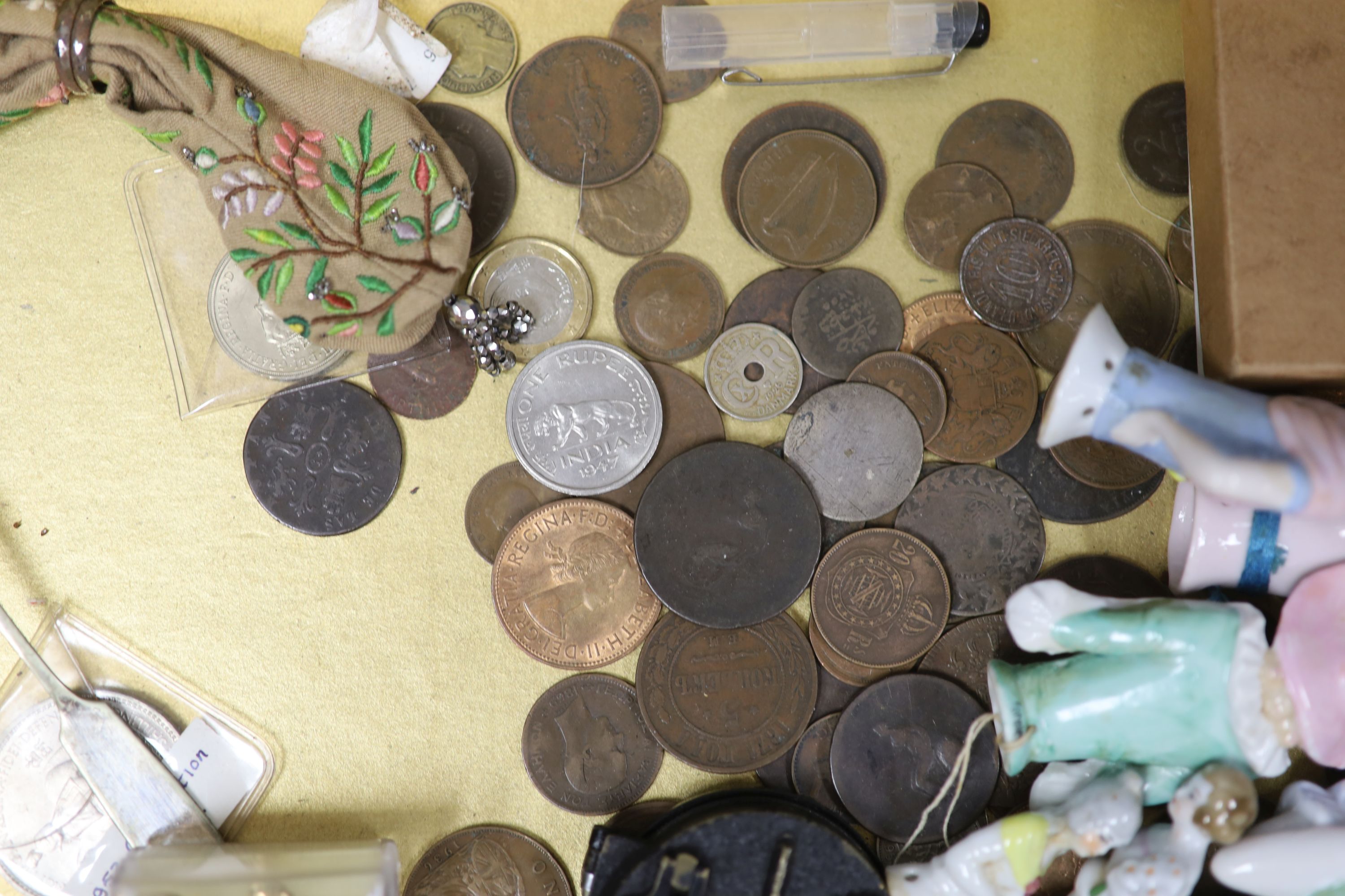 A mixed quantity of collectables including assorted coin, pin dollies, etc.